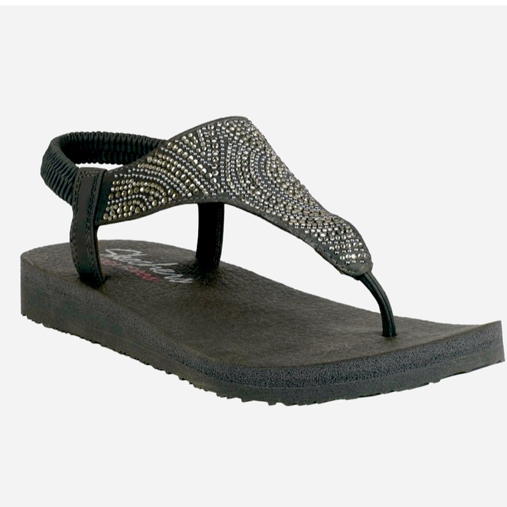 Skechers Yoga Meditation Moon Flip-Flop Sandals Black Jewell BEADED Size 8 -